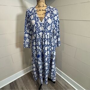 Blue and White Bohemian Block Print Floral Dress - Medium